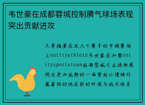 韦世豪在成都蓉城控制脾气球场表现突出贡献进攻